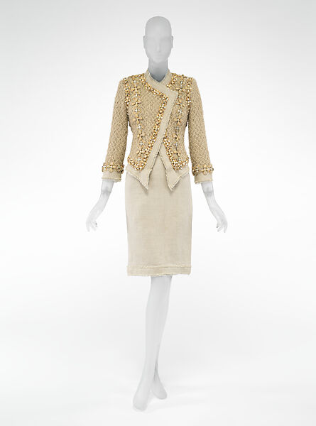 Ensemble, House of Chanel (French, founded 1910), linen, silk, glass, straw, plastic, French 