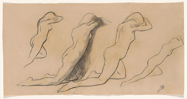 Four Figure Studies for Monument to the Dead, Albert Bartholomé (French, Thiverval 1848–1928 Paris), Charcoal "manilla" pencil 