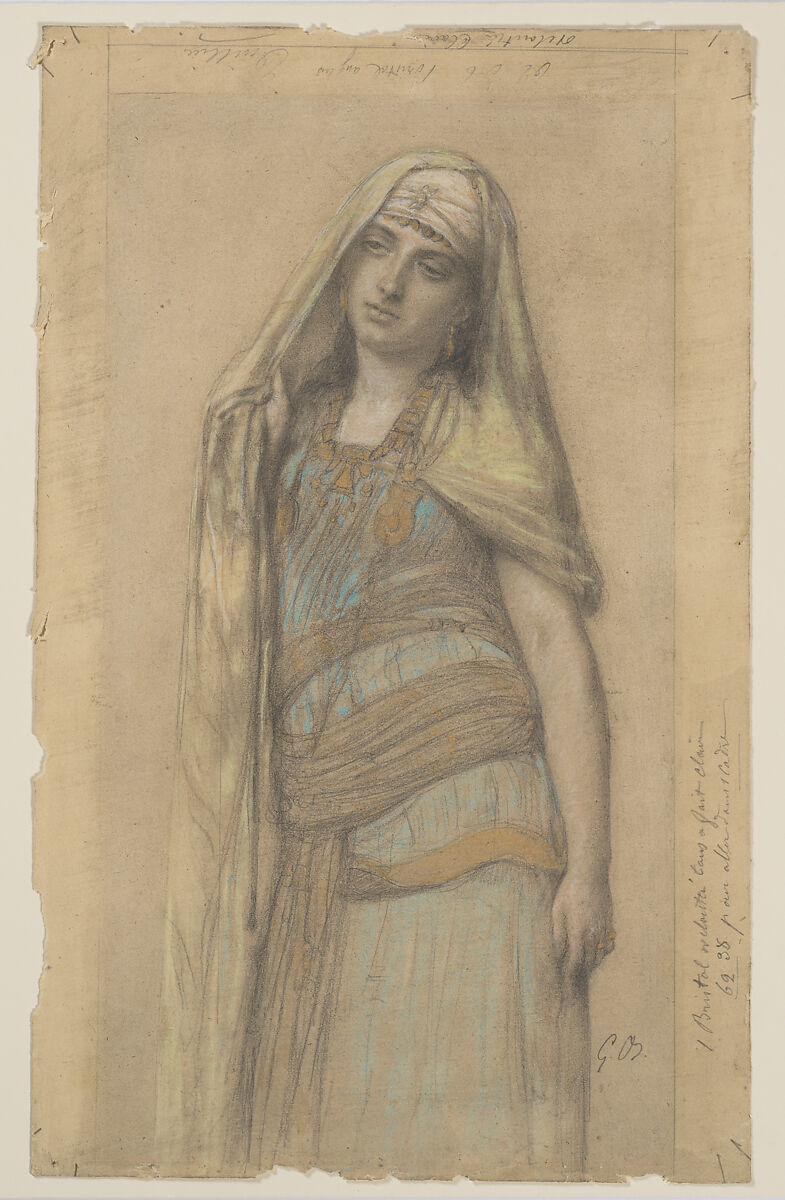 Arab Woman, Gustave Boulanger (French, Paris 1824–1888 Paris), Black chalk, blue, yellow and white pastel, shell gold, with graphite 