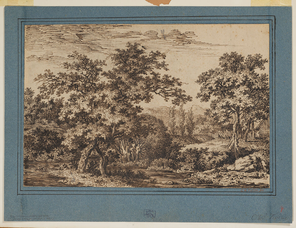 Landscape; a small island with two trees surrounded by water on the left; a tree by a cottage on the right, Carl Wilhelm Kolbe (German, Berlin 1759–1835 Dresden), Pen and brown ink on paper set into blue paper mat