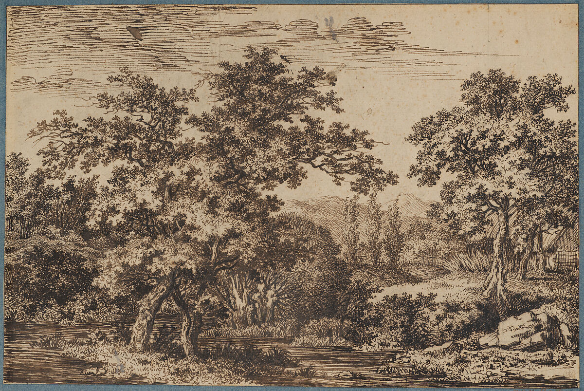 Landscape; a small island with two trees surrounded by water on the left; a tree by a cottage on the right, Carl Wilhelm Kolbe (German, Berlin 1759–1835 Dresden), Pen and brown ink on paper set into blue paper mat 