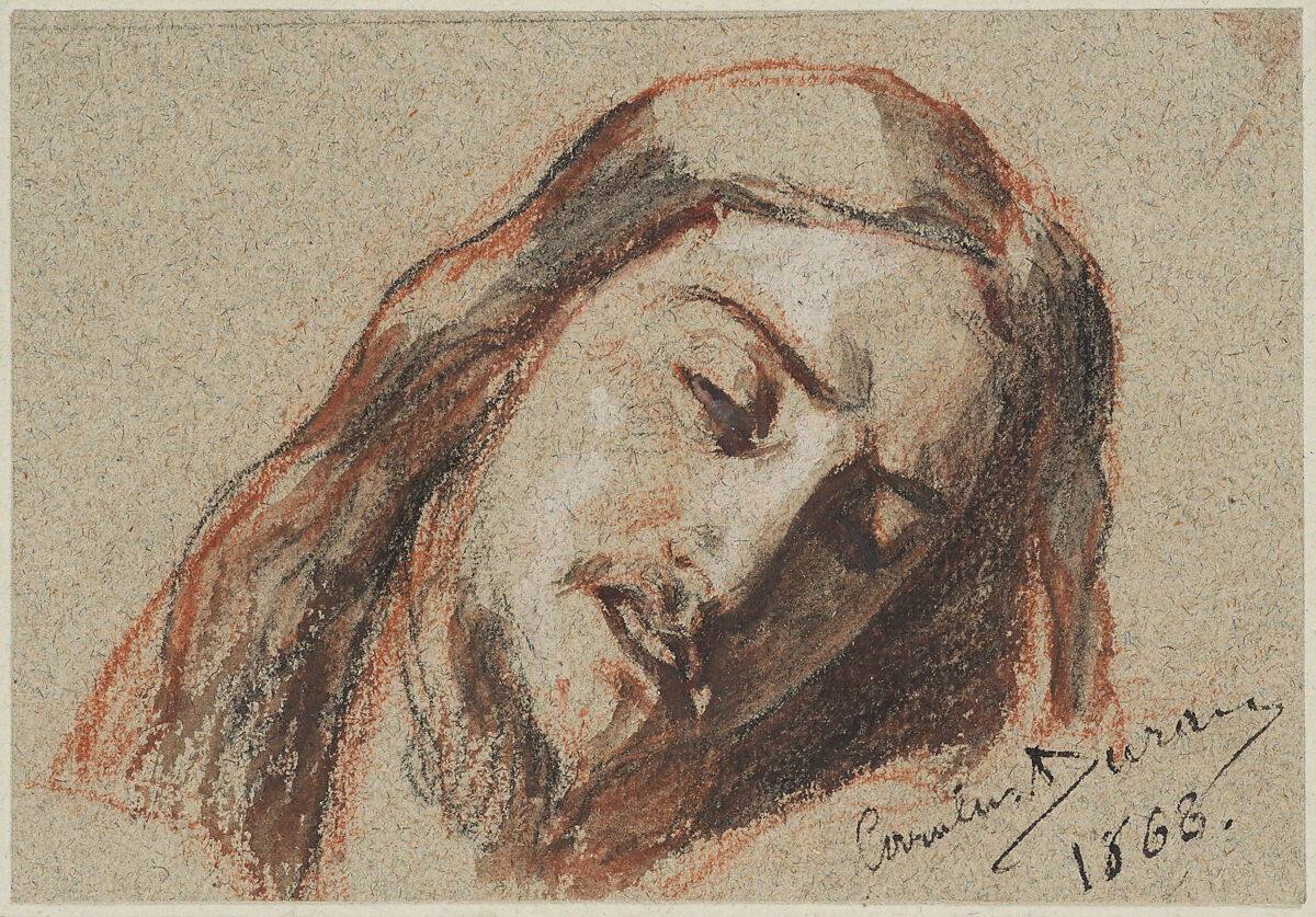 Head of Christ, Carolus-Duran (Charles-Auguste-Emile Durant) (French, Lille 1837–1917 Paris), Black chalk, mix of red and black washes, red chalk and white gouache 