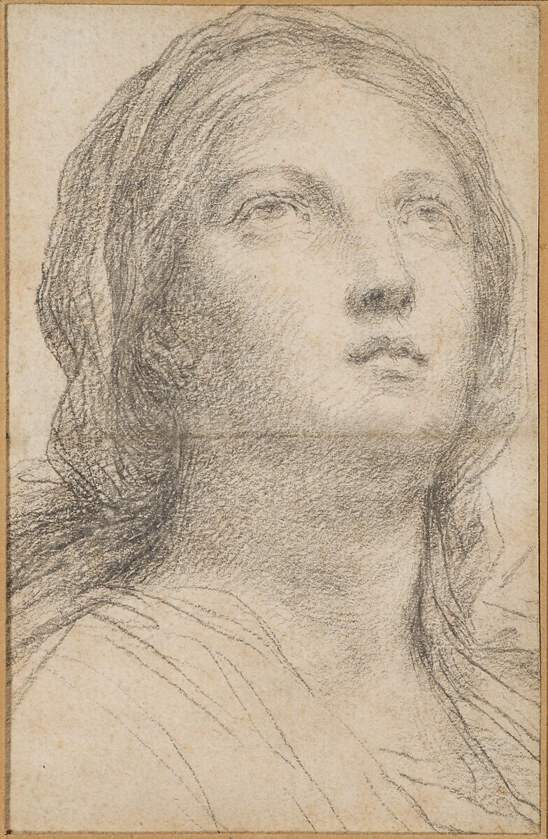 A pious woman, in bust-length, three-quarter view, with head raised to the upper right, Anonymous, Italian, late 17th to early 18th century  , active in Rome, Black chalk on white antique laid paper 