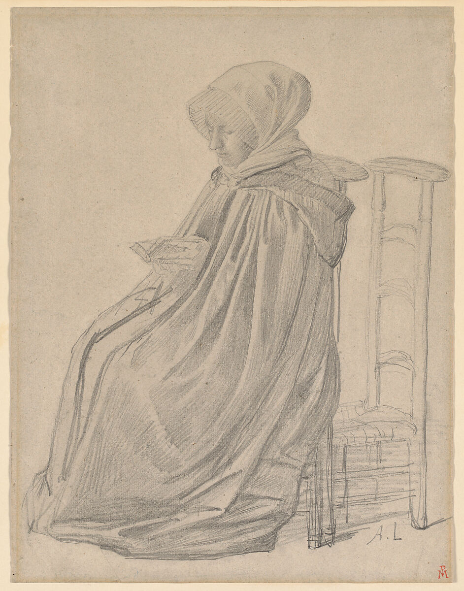 Seated Woman Reading, study for "Le Pélerinage", Alphonse Legros (French, Dijon 1837–1911 Watford, Hertfordshire), Graphite on light gray paper 