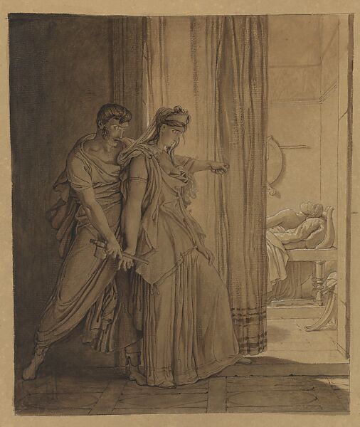 Clytemnestra Hesitating before Striking Agamemnon, Pierre Narcisse Guérin  French, Pen and brown ink, brush and gray wash, heightened with white on light brown paper
