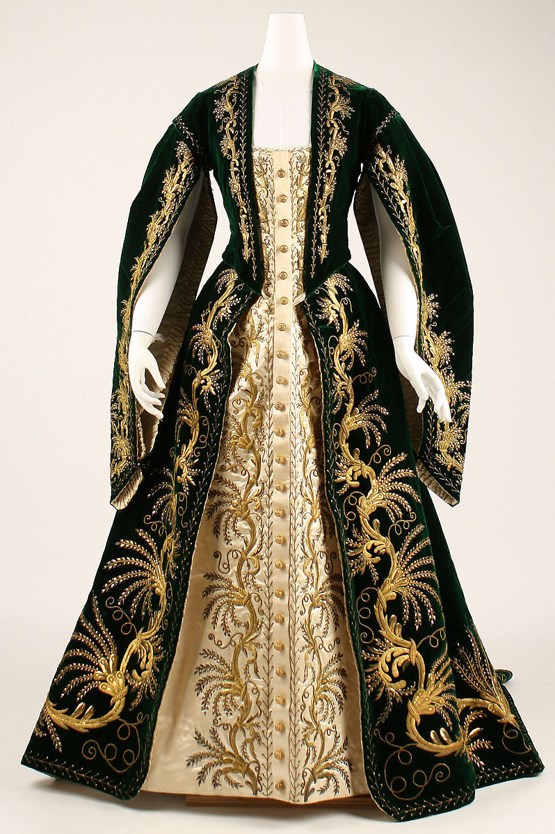 Court robe, silk, metallic threads and paillettes, Russian 