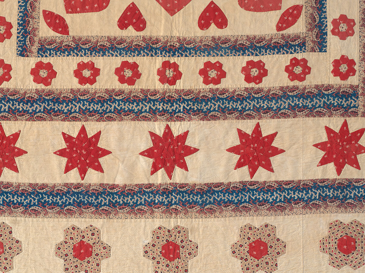 Hearts, Star of Lemoyne, and Honeycomb Quilt, Hannah Hislop (Irish, died Coolnacarrig, County Cavan 1876), Cotton, printed and pieced, Irish