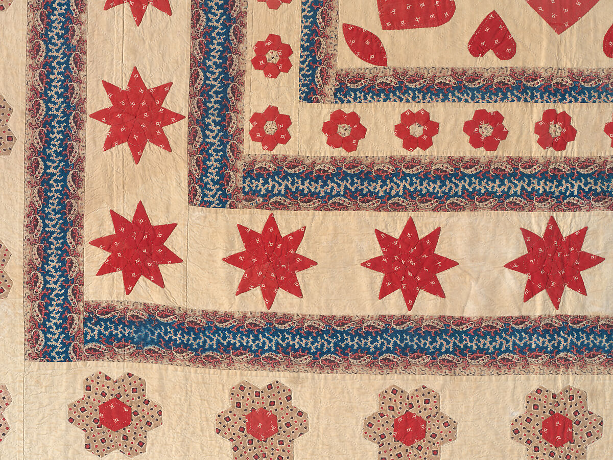 Hearts, Star of Lemoyne, and Honeycomb Quilt, Hannah Hislop (Irish, died Coolnacarrig, County Cavan 1876), Cotton, printed and pieced, Irish