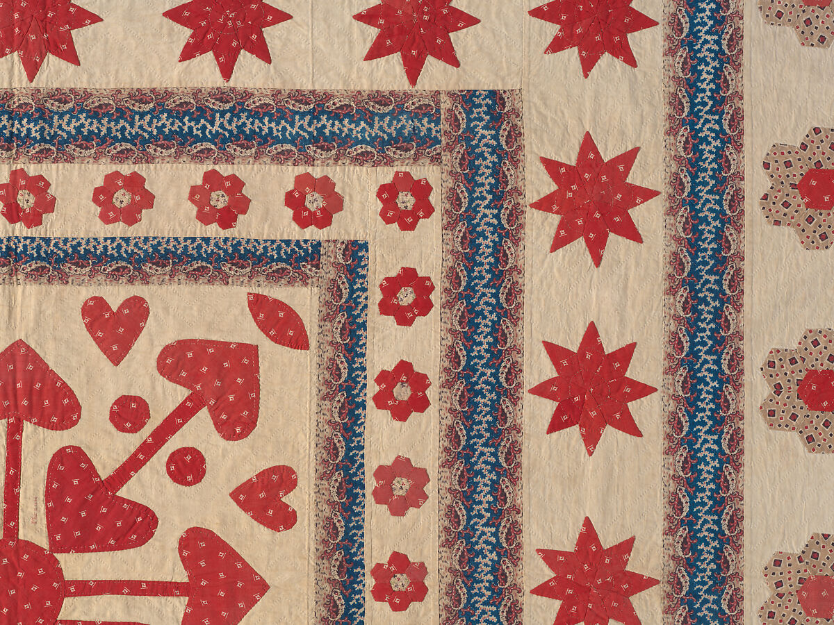 Hearts, Star of Lemoyne, and Honeycomb Quilt, Hannah Hislop (Irish, died Coolnacarrig, County Cavan 1876), Cotton, printed and pieced, Irish