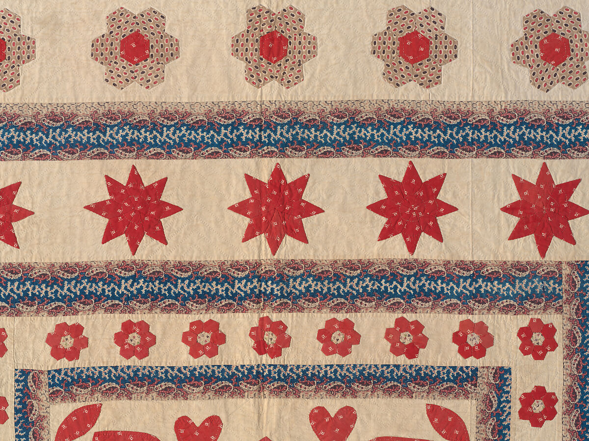 Hearts, Star of Lemoyne, and Honeycomb Quilt, Hannah Hislop (Irish, died Coolnacarrig, County Cavan 1876), Cotton, printed and pieced, Irish