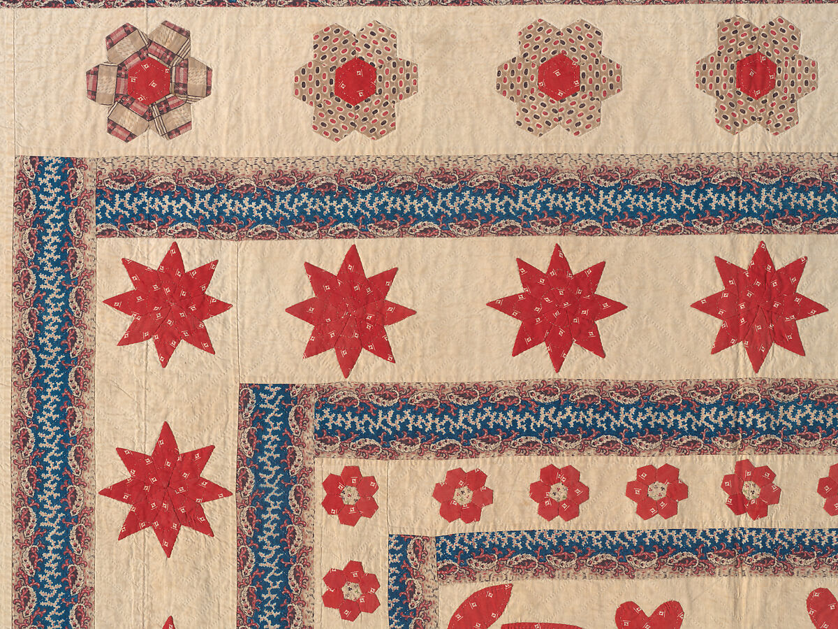 Hearts, Star of Lemoyne, and Honeycomb Quilt, Hannah Hislop (Irish, died Coolnacarrig, County Cavan 1876), Cotton, printed and pieced, Irish