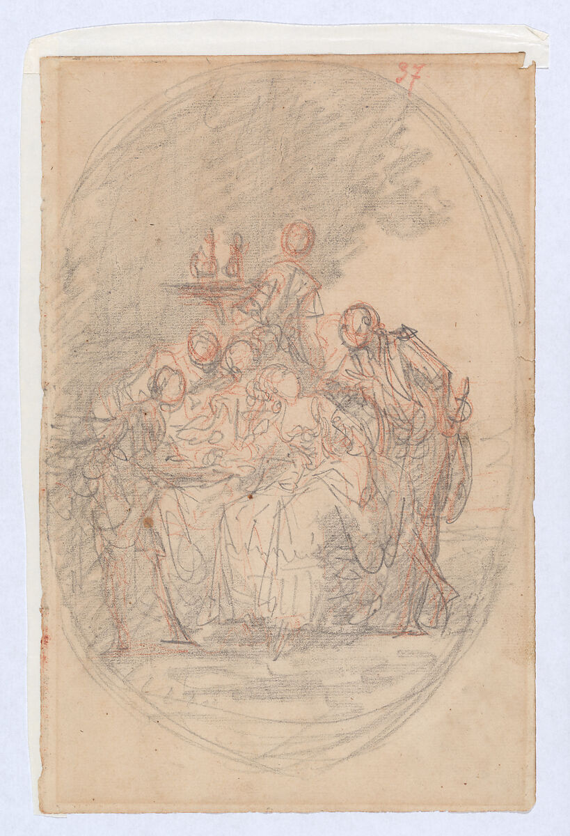 An Outdoor Luncheon, Anonymous, French, 18th century, Black and red chalk with stumping 