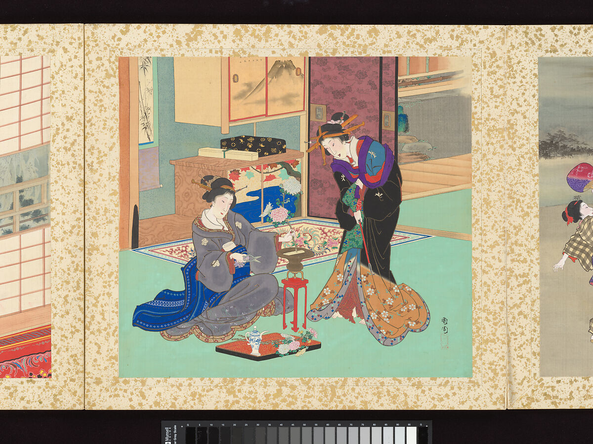 Artisans, Beauties, and Annual Events, Toyohara Kunichika (Japanese, 1835–1900), Thirty paintings mounted as an accordion album; ink, color, gold and gold flecks on silk, Japan