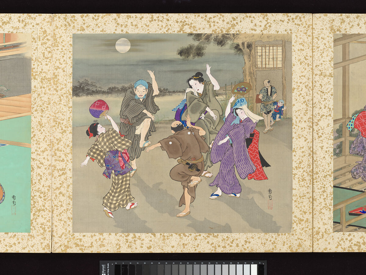 Artisans, Beauties, and Annual Events, Toyohara Kunichika (Japanese, 1835–1900), Thirty paintings mounted as an accordion album; ink, color, gold and gold flecks on silk, Japan