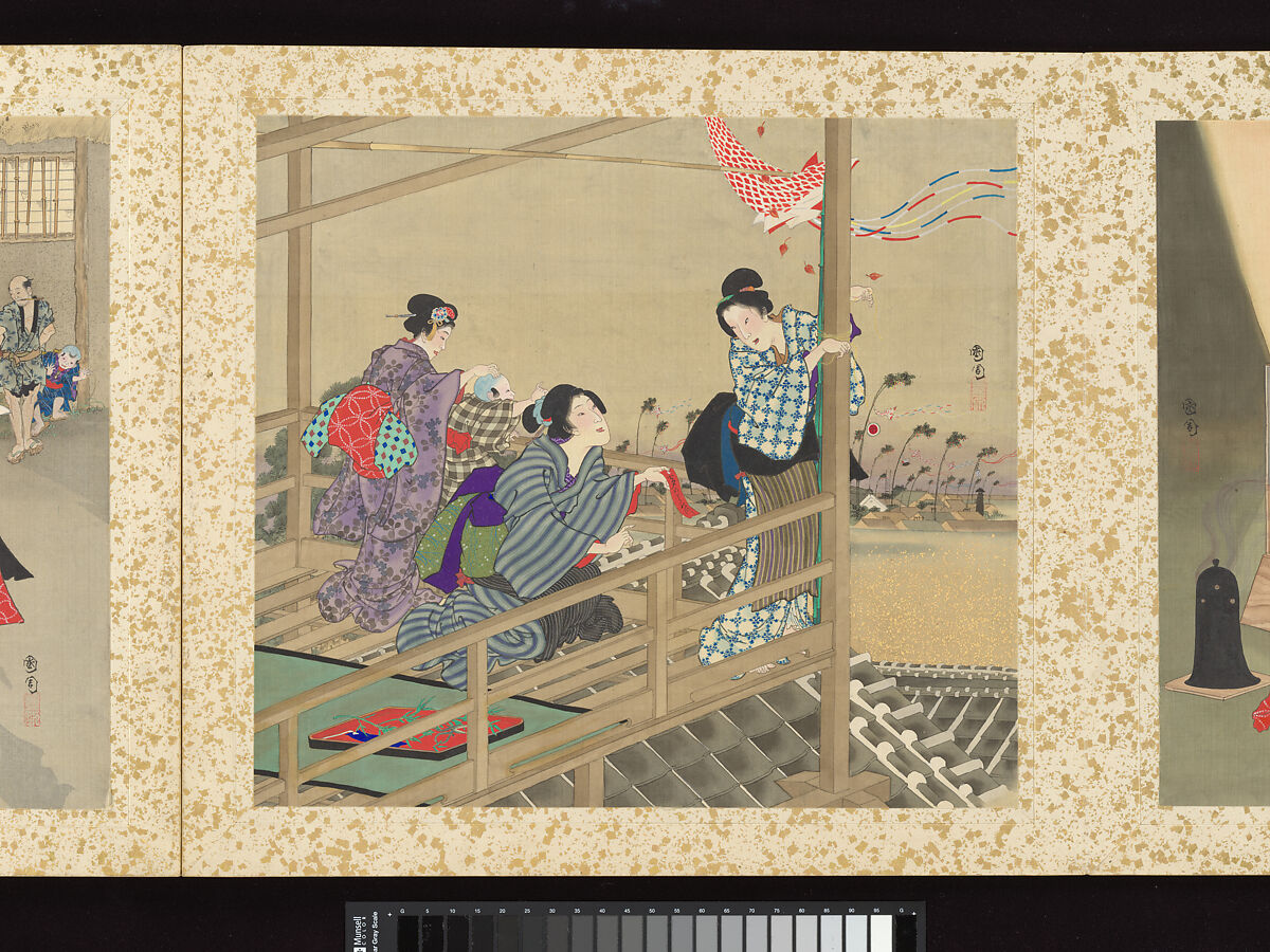 Artisans, Beauties, and Annual Events, Toyohara Kunichika (Japanese, 1835–1900), Thirty paintings mounted as an accordion album; ink, color, gold and gold flecks on silk, Japan
