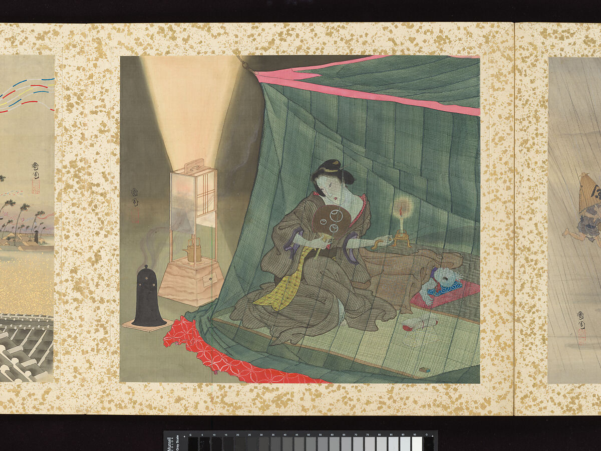 Artisans, Beauties, and Annual Events, Toyohara Kunichika (Japanese, 1835–1900), Thirty paintings mounted as an accordion album; ink, color, gold and gold flecks on silk, Japan