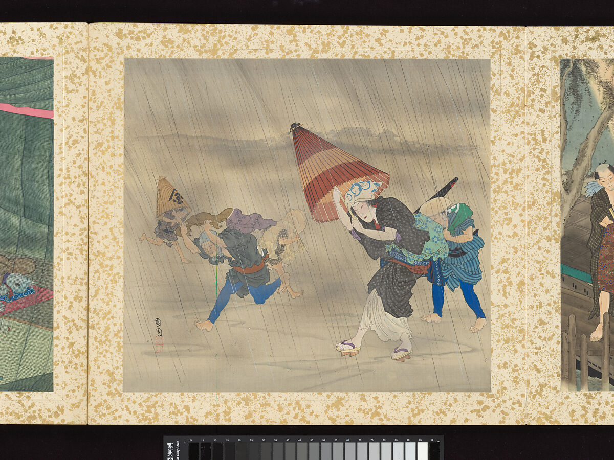 Artisans, Beauties, and Annual Events, Toyohara Kunichika (Japanese, 1835–1900), Thirty paintings mounted as an accordion album; ink, color, gold and gold flecks on silk, Japan