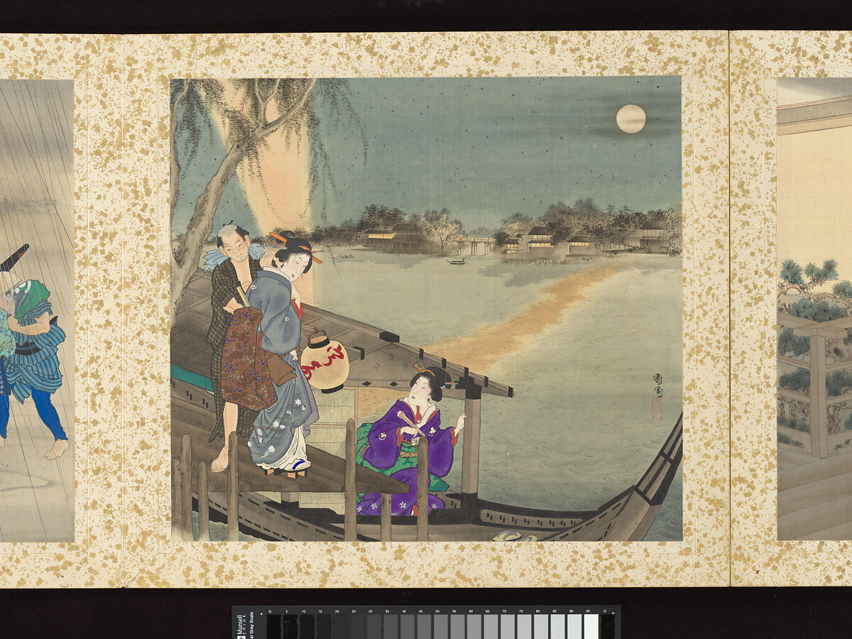 Artisans, Beauties, and Annual Events, Toyohara Kunichika (Japanese, 1835–1900), Thirty paintings mounted as an accordion album; ink, color, gold and gold flecks on silk, Japan