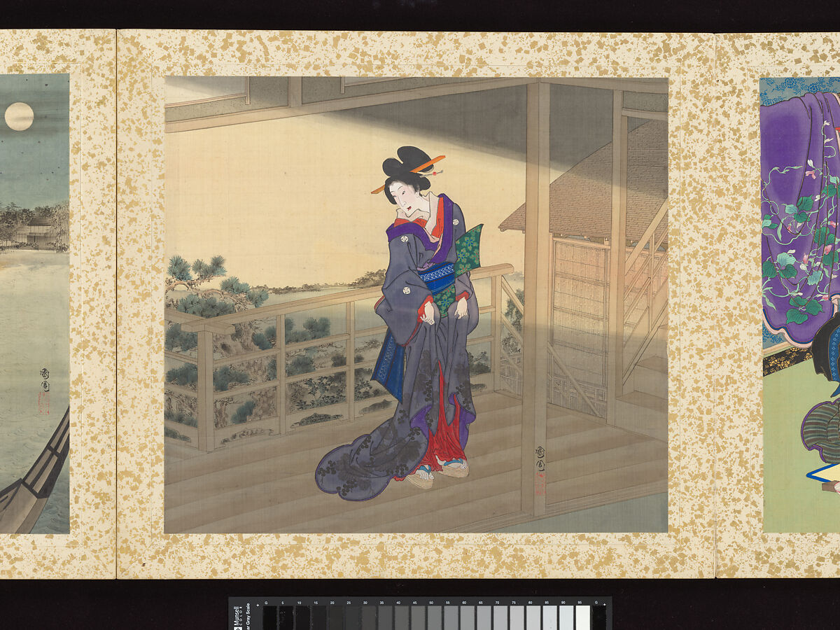 Artisans, Beauties, and Annual Events, Toyohara Kunichika (Japanese, 1835–1900), Thirty paintings mounted as an accordion album; ink, color, gold and gold flecks on silk, Japan