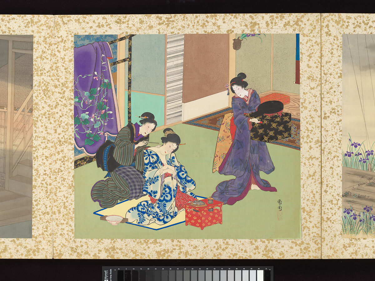 Artisans, Beauties, and Annual Events, Toyohara Kunichika (Japanese, 1835–1900), Thirty paintings mounted as an accordion album; ink, color, gold and gold flecks on silk, Japan
