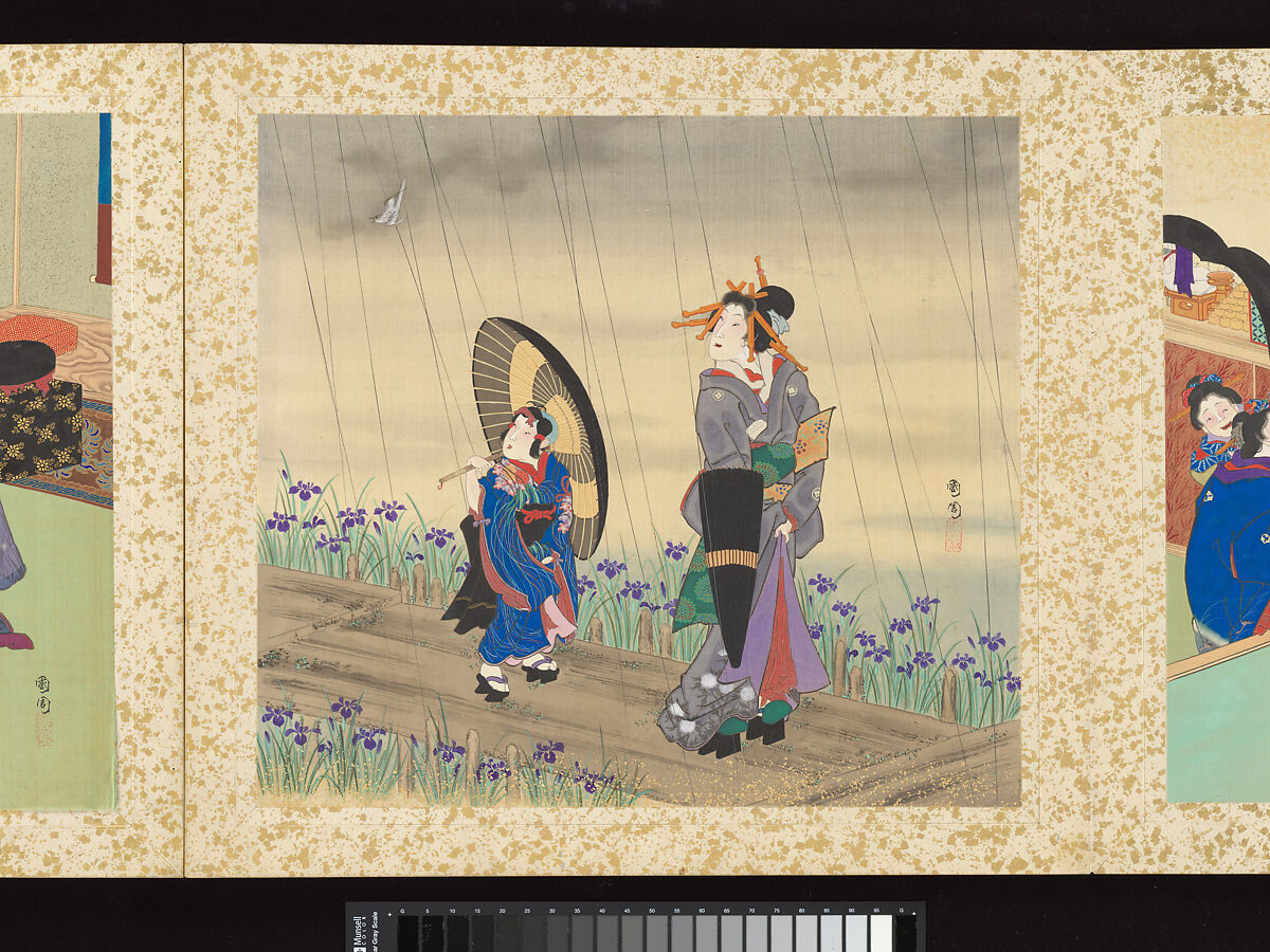 Artisans, Beauties, and Annual Events, Toyohara Kunichika (Japanese, 1835–1900), Thirty paintings mounted as an accordion album; ink, color, gold and gold flecks on silk, Japan