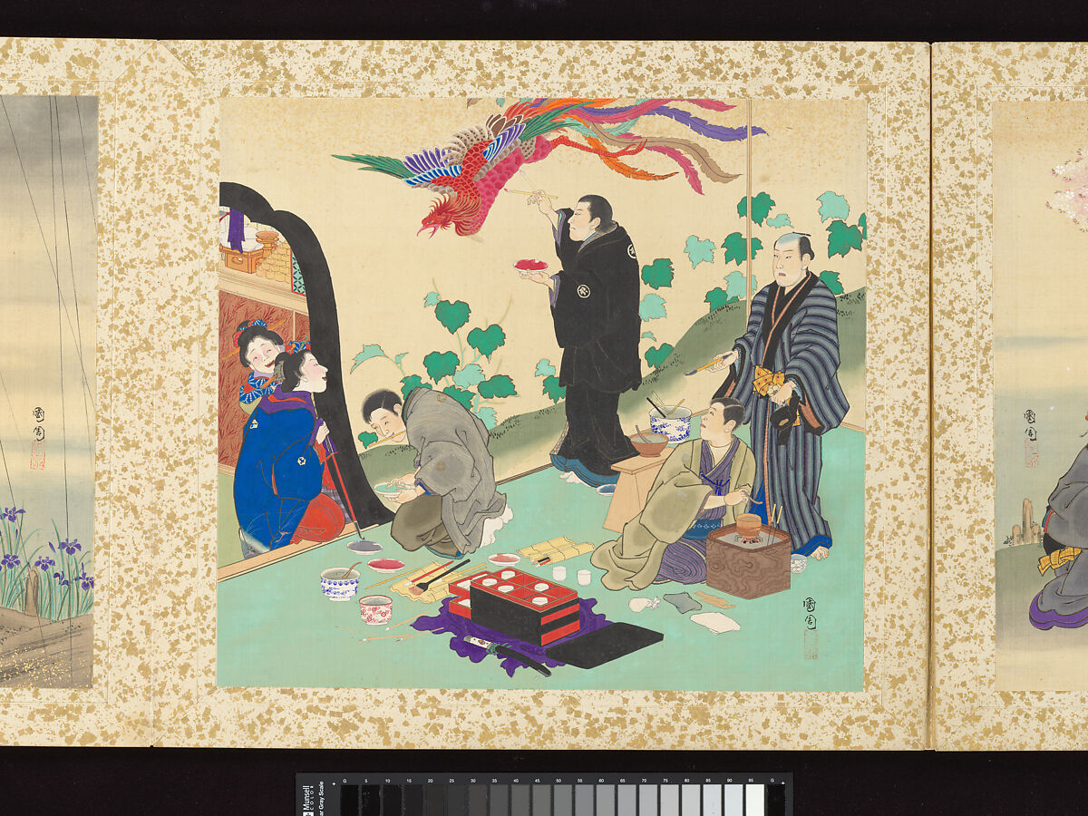 Artisans, Beauties, and Annual Events, Toyohara Kunichika (Japanese, 1835–1900), Thirty paintings mounted as an accordion album; ink, color, gold and gold flecks on silk, Japan