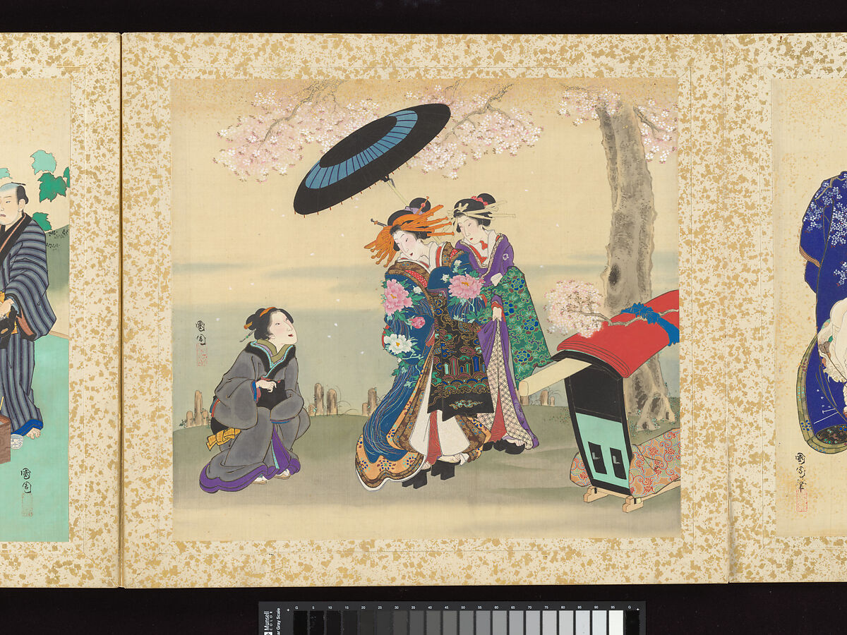 Artisans, Beauties, and Annual Events, Toyohara Kunichika (Japanese, 1835–1900), Thirty paintings mounted as an accordion album; ink, color, gold and gold flecks on silk, Japan