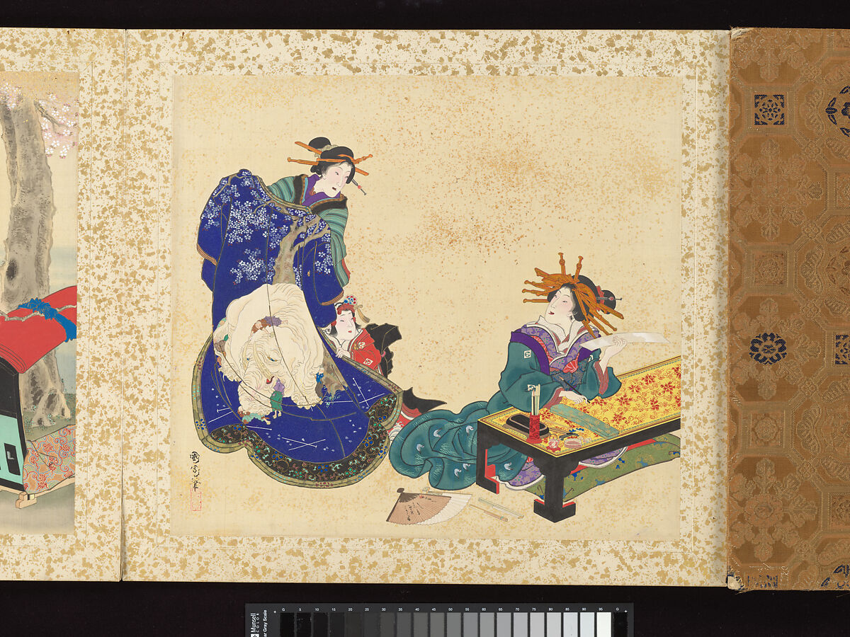 Artisans, Beauties, and Annual Events, Toyohara Kunichika (Japanese, 1835–1900), Thirty paintings mounted as an accordion album; ink, color, gold and gold flecks on silk, Japan 