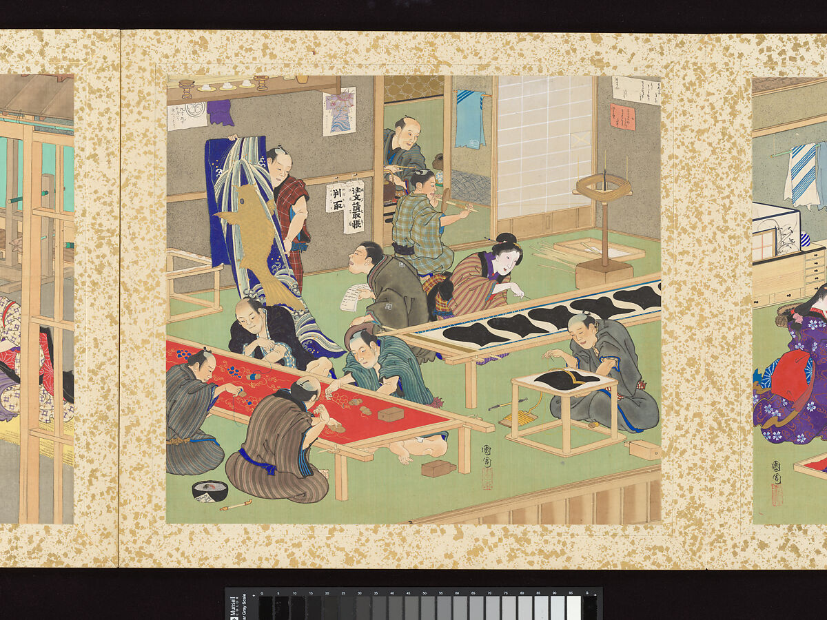 Artisans, Beauties, and Annual Events, Toyohara Kunichika (Japanese, 1835–1900), Thirty paintings mounted as an accordion album; ink, color, gold and gold flecks on silk, Japan
