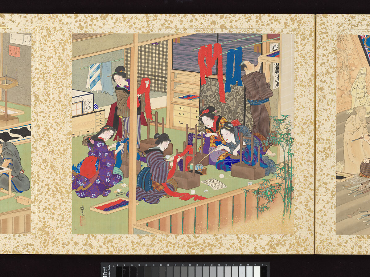 Artisans, Beauties, and Annual Events, Toyohara Kunichika (Japanese, 1835–1900), Thirty paintings mounted as an accordion album; ink, color, gold and gold flecks on silk, Japan