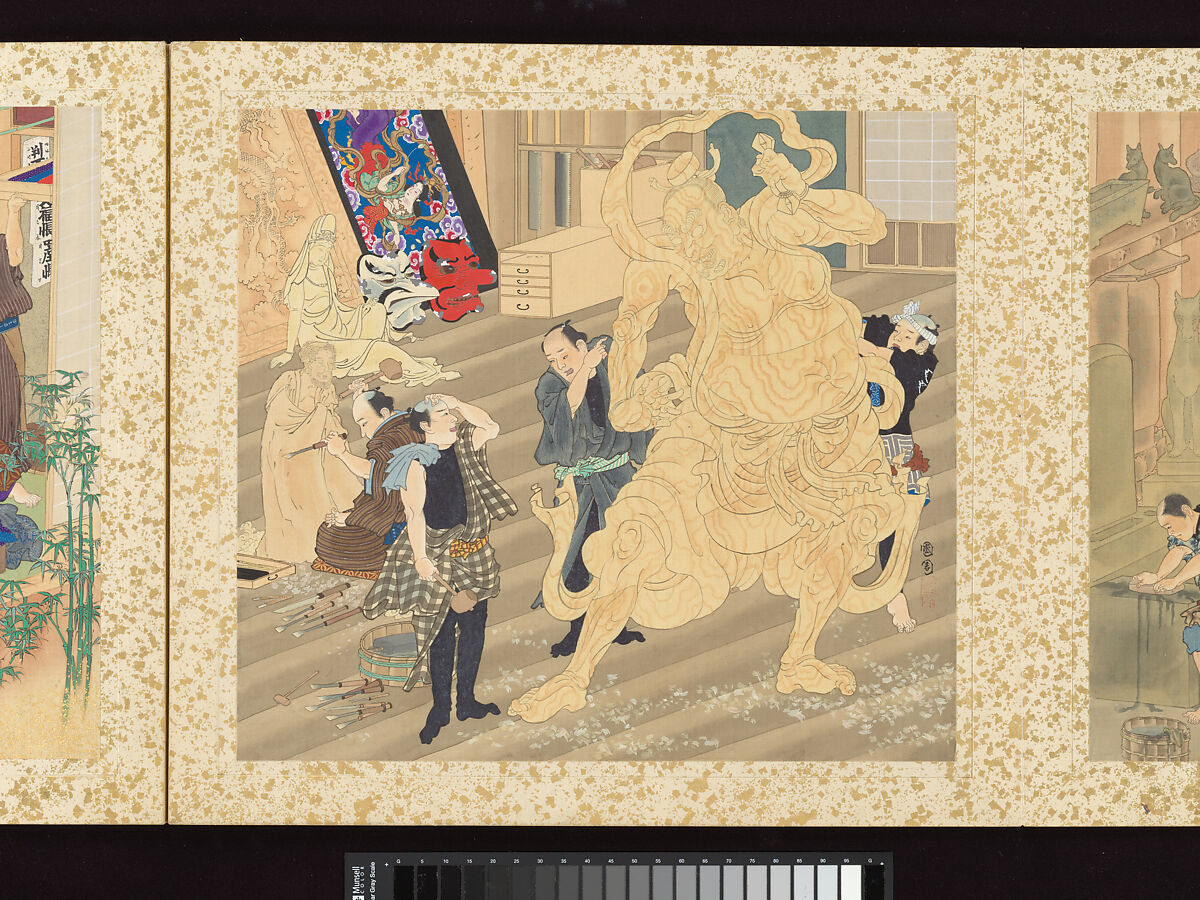 Artisans, Beauties, and Annual Events, Toyohara Kunichika (Japanese, 1835–1900), Thirty paintings mounted as an accordion album; ink, color, gold and gold flecks on silk, Japan