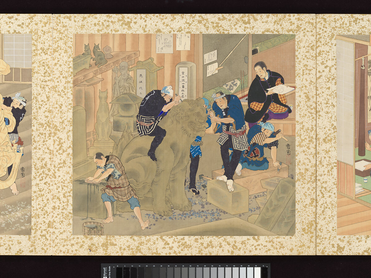 Artisans, Beauties, and Annual Events, Toyohara Kunichika (Japanese, 1835–1900), Thirty paintings mounted as an accordion album; ink, color, gold and gold flecks on silk, Japan