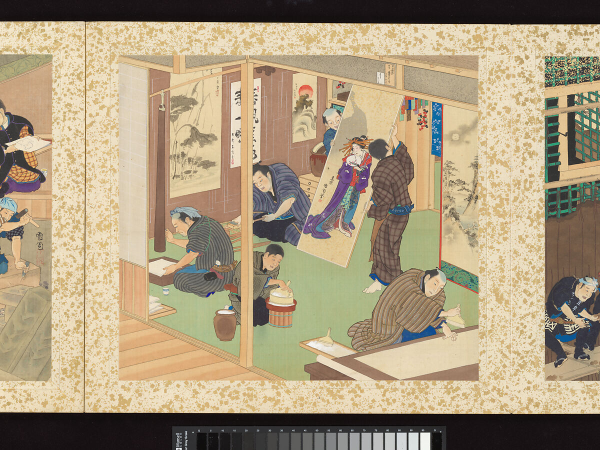 Artisans, Beauties, and Annual Events, Toyohara Kunichika (Japanese, 1835–1900), Thirty paintings mounted as an accordion album; ink, color, gold and gold flecks on silk, Japan