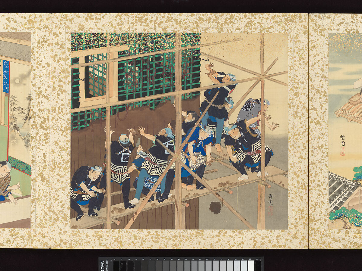 Artisans, Beauties, and Annual Events, Toyohara Kunichika (Japanese, 1835–1900), Thirty paintings mounted as an accordion album; ink, color, gold and gold flecks on silk, Japan