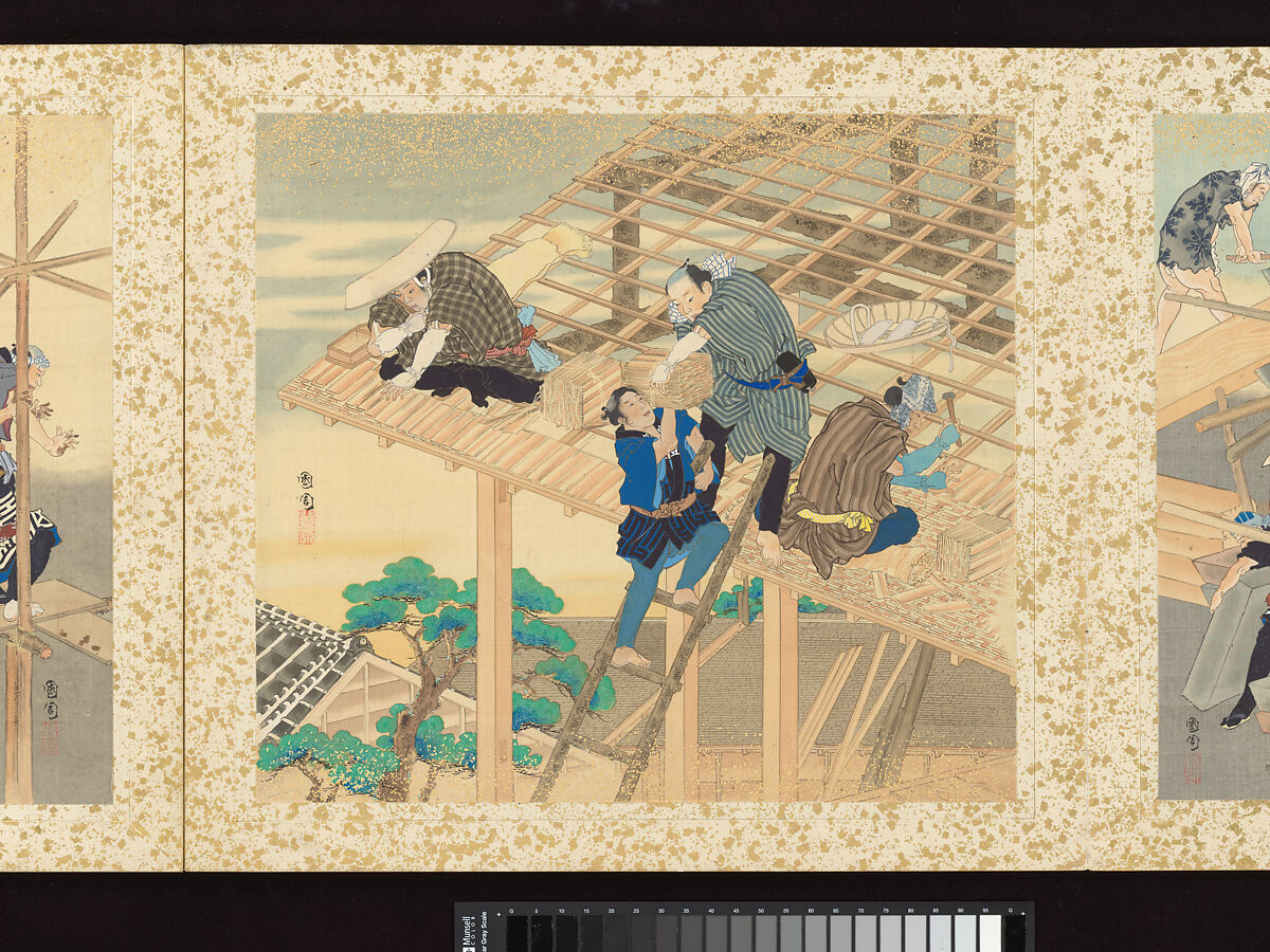 Artisans, Beauties, and Annual Events, Toyohara Kunichika (Japanese, 1835–1900), Thirty paintings mounted as an accordion album; ink, color, gold and gold flecks on silk, Japan