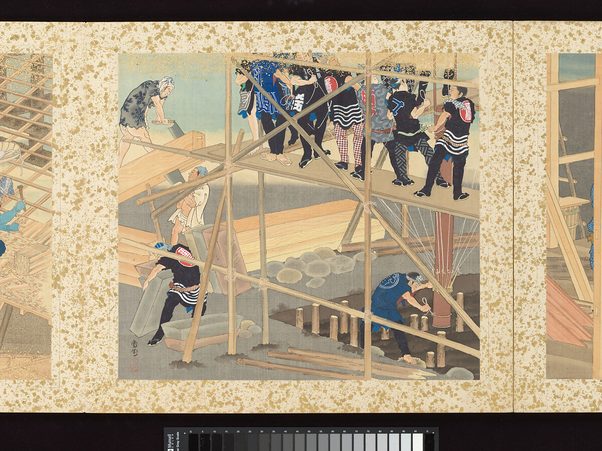 Artisans, Beauties, and Annual Events, Toyohara Kunichika (Japanese, 1835–1900), Thirty paintings mounted as an accordion album; ink, color, gold and gold flecks on silk, Japan