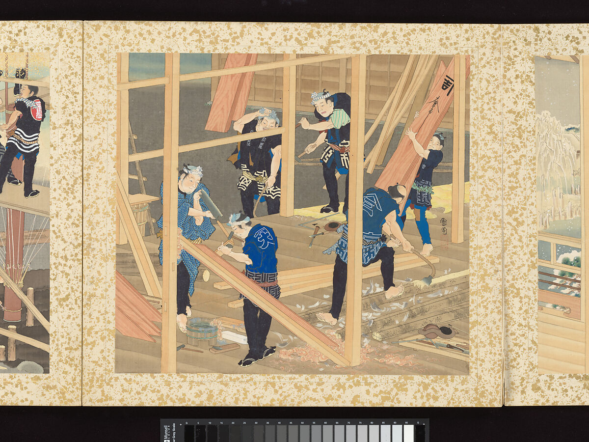 Artisans, Beauties, and Annual Events, Toyohara Kunichika (Japanese, 1835–1900), Thirty paintings mounted as an accordion album; ink, color, gold and gold flecks on silk, Japan