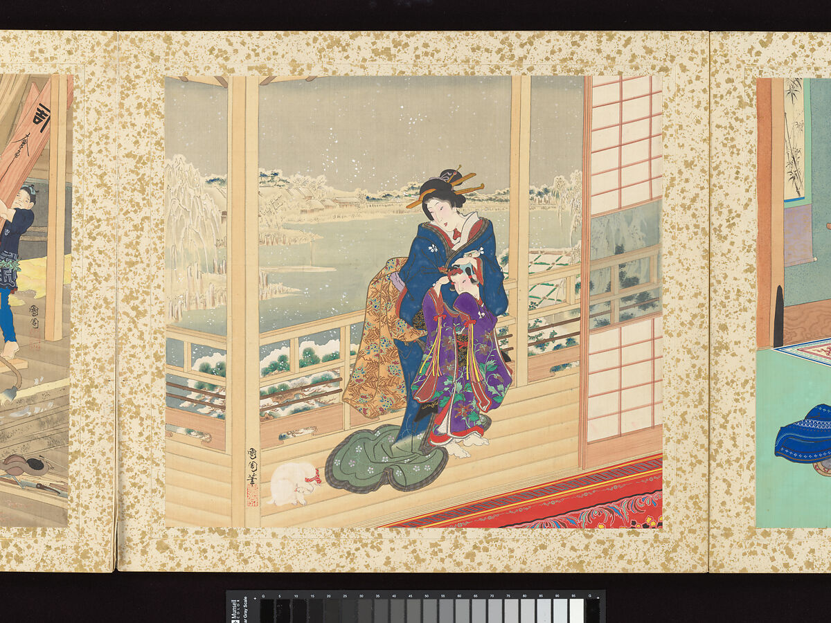 Artisans, Beauties, and Annual Events, Toyohara Kunichika (Japanese, 1835–1900), Thirty paintings mounted as an accordion album; ink, color, gold and gold flecks on silk, Japan