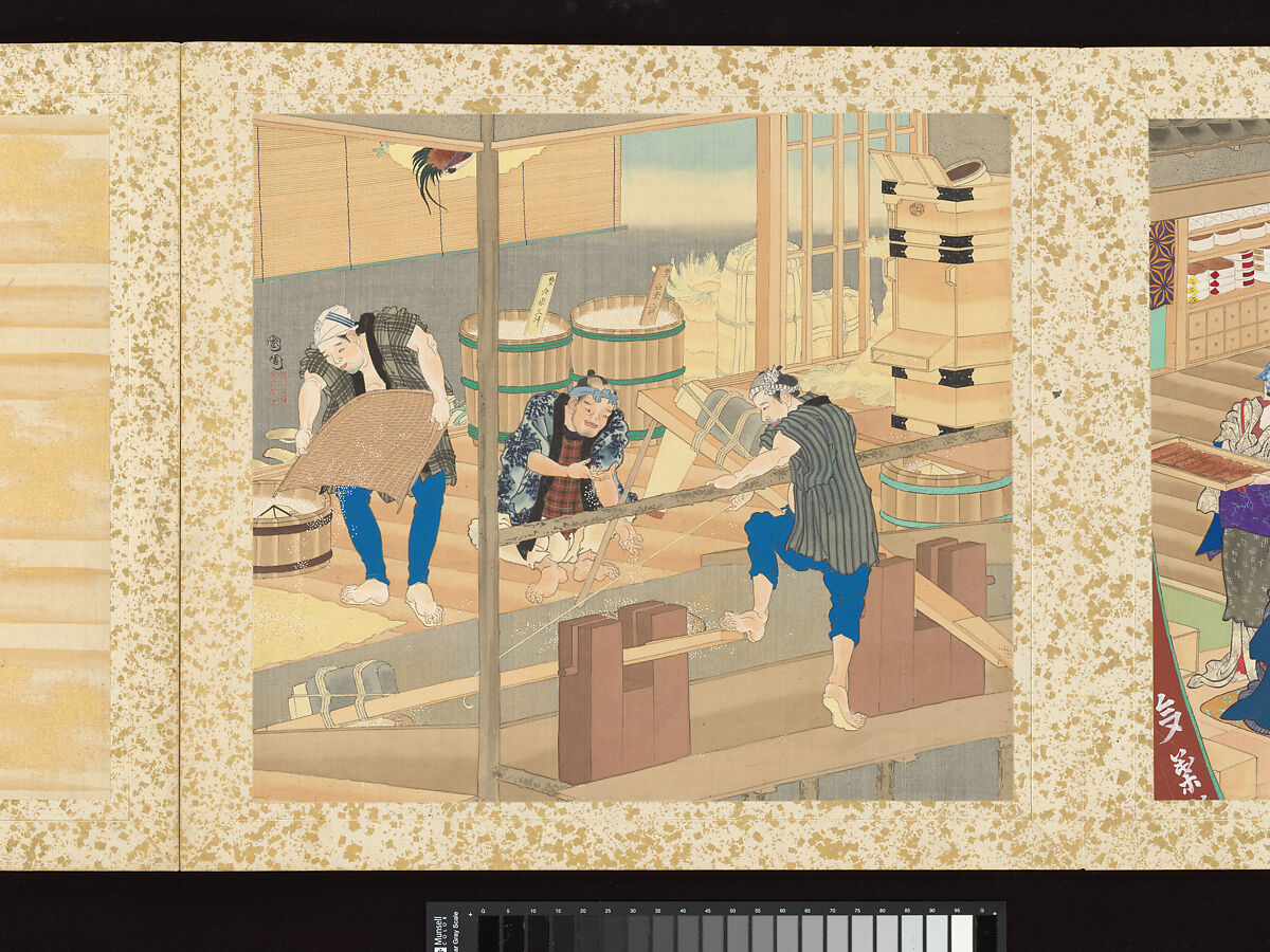 Artisans, Beauties, and Annual Events, Toyohara Kunichika (Japanese, 1835–1900), Thirty paintings mounted as an accordion album; ink, color, gold and gold flecks on silk, Japan