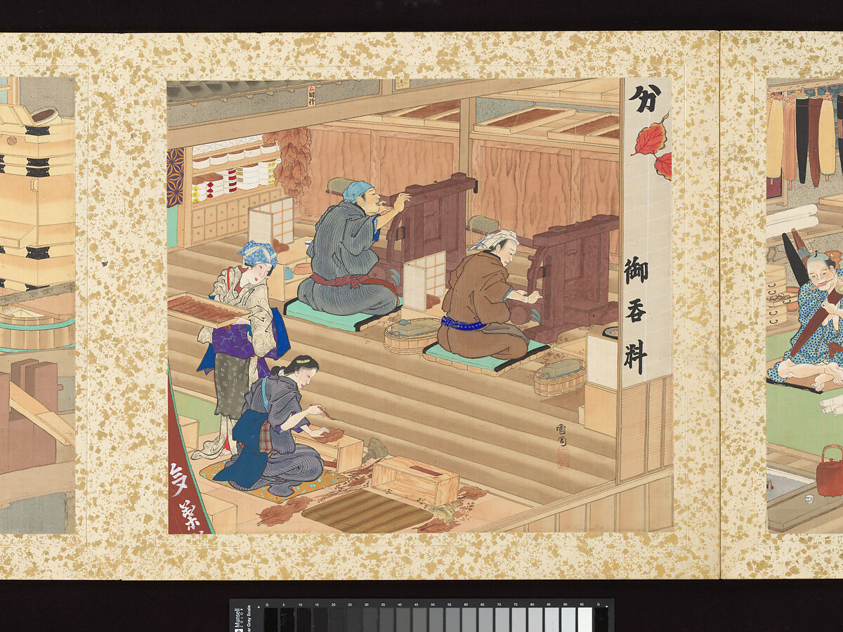 Artisans, Beauties, and Annual Events, Toyohara Kunichika (Japanese, 1835–1900), Thirty paintings mounted as an accordion album; ink, color, gold and gold flecks on silk, Japan