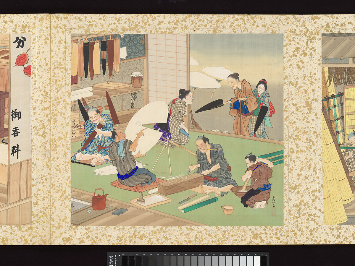 Artisans, Beauties, and Annual Events, Toyohara Kunichika (Japanese, 1835–1900), Thirty paintings mounted as an accordion album; ink, color, gold and gold flecks on silk, Japan