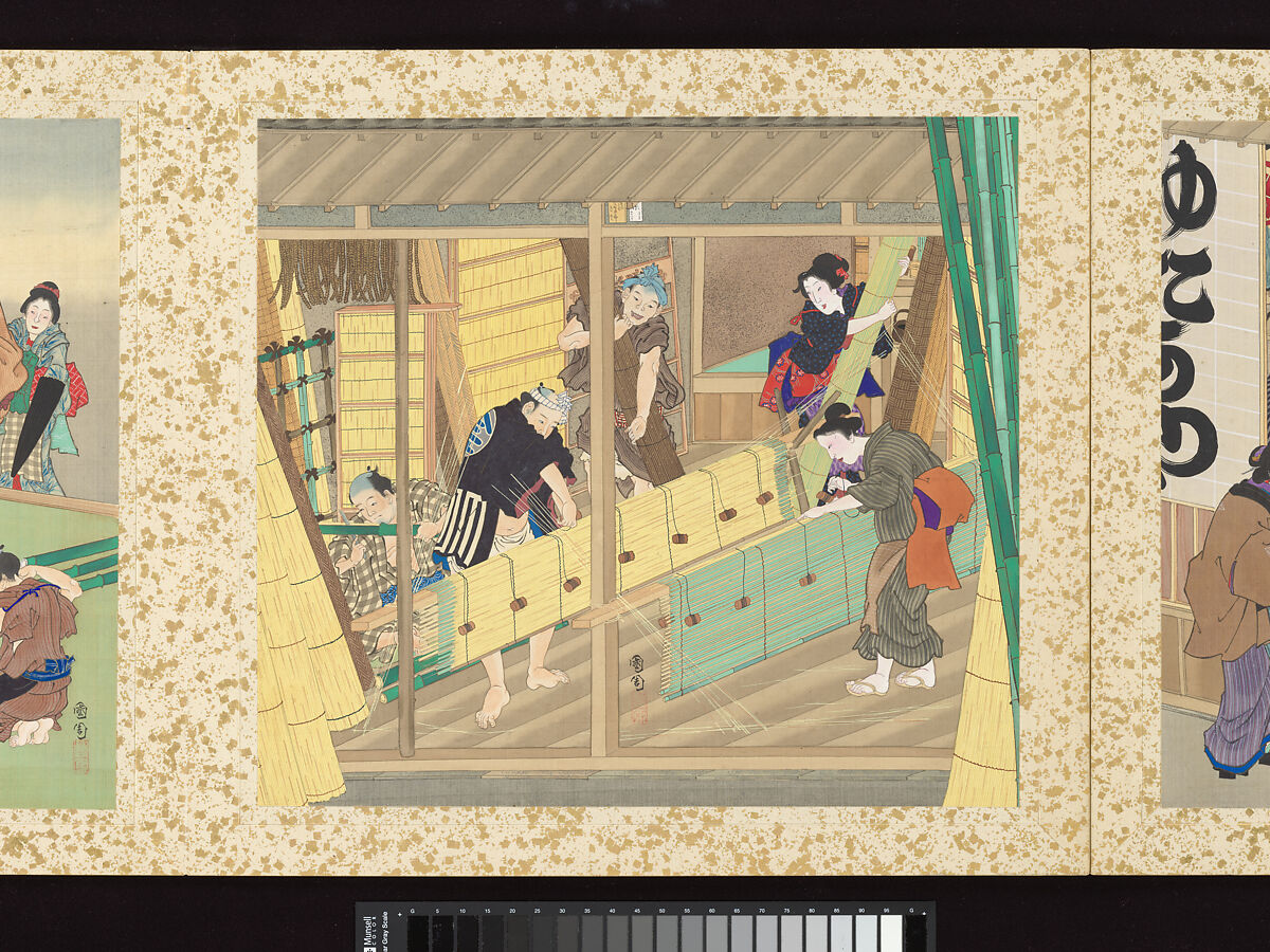 Artisans, Beauties, and Annual Events, Toyohara Kunichika (Japanese, 1835–1900), Thirty paintings mounted as an accordion album; ink, color, gold and gold flecks on silk, Japan