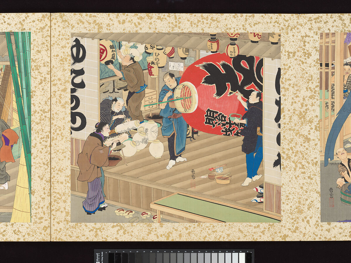 Artisans, Beauties, and Annual Events, Toyohara Kunichika (Japanese, 1835–1900), Thirty paintings mounted as an accordion album; ink, color, gold and gold flecks on silk, Japan
