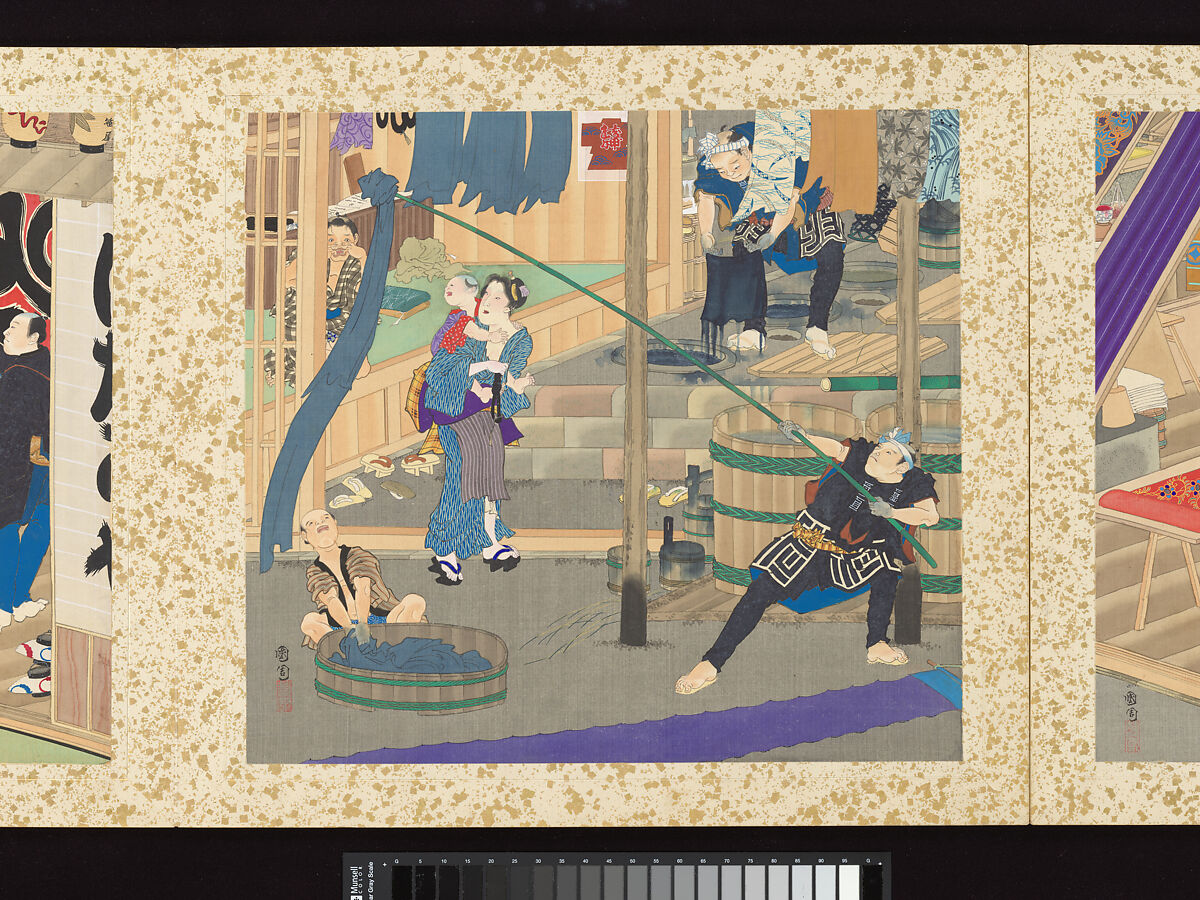 Artisans, Beauties, and Annual Events, Toyohara Kunichika (Japanese, 1835–1900), Thirty paintings mounted as an accordion album; ink, color, gold and gold flecks on silk, Japan