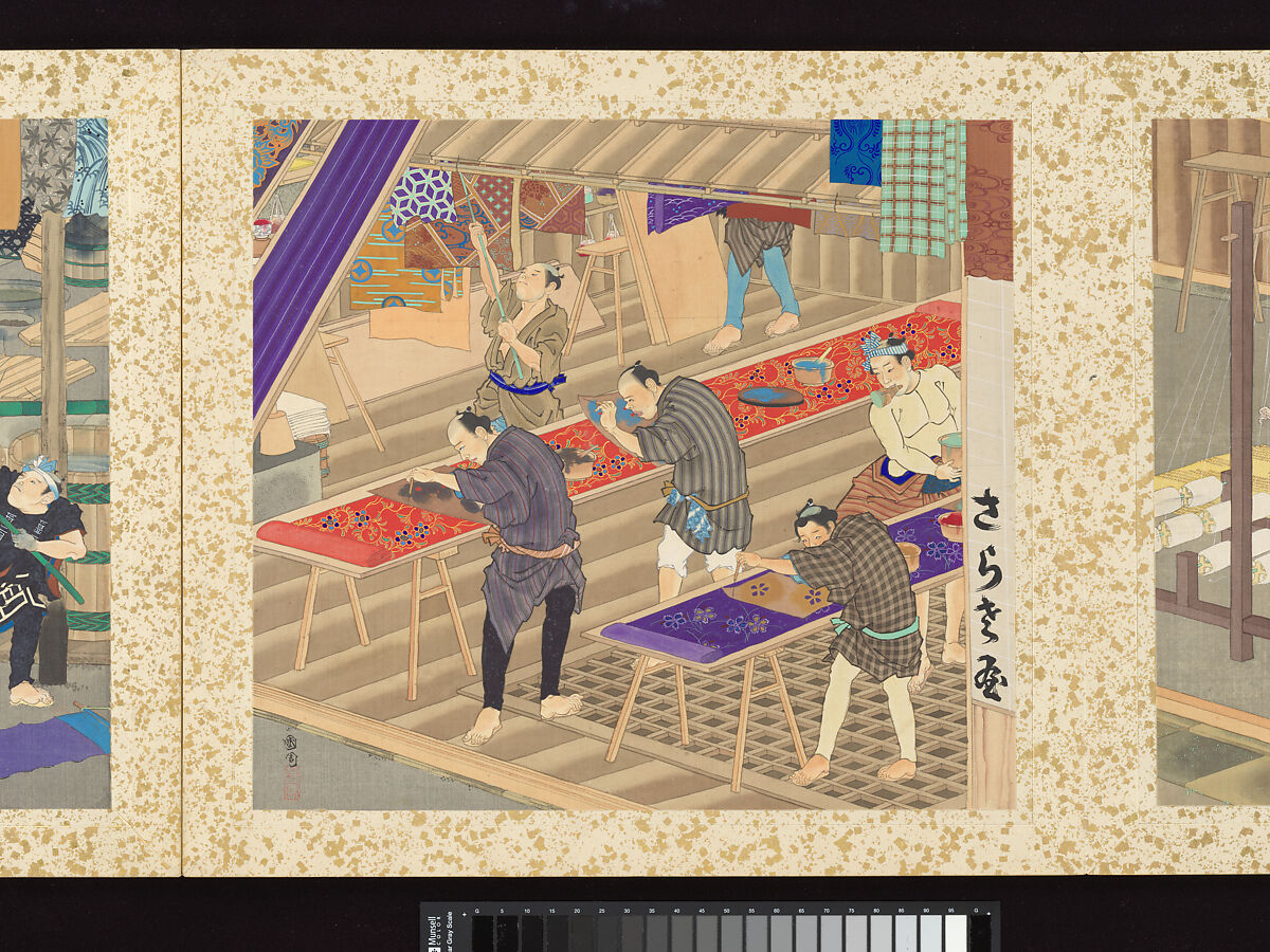 Artisans, Beauties, and Annual Events, Toyohara Kunichika (Japanese, 1835–1900), Thirty paintings mounted as an accordion album; ink, color, gold and gold flecks on silk, Japan