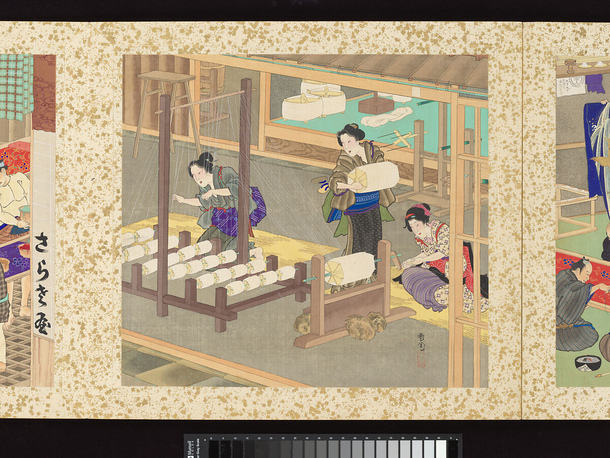 Artisans, Beauties, and Annual Events, Toyohara Kunichika (Japanese, 1835–1900), Thirty paintings mounted as an accordion album; ink, color, gold and gold flecks on silk, Japan