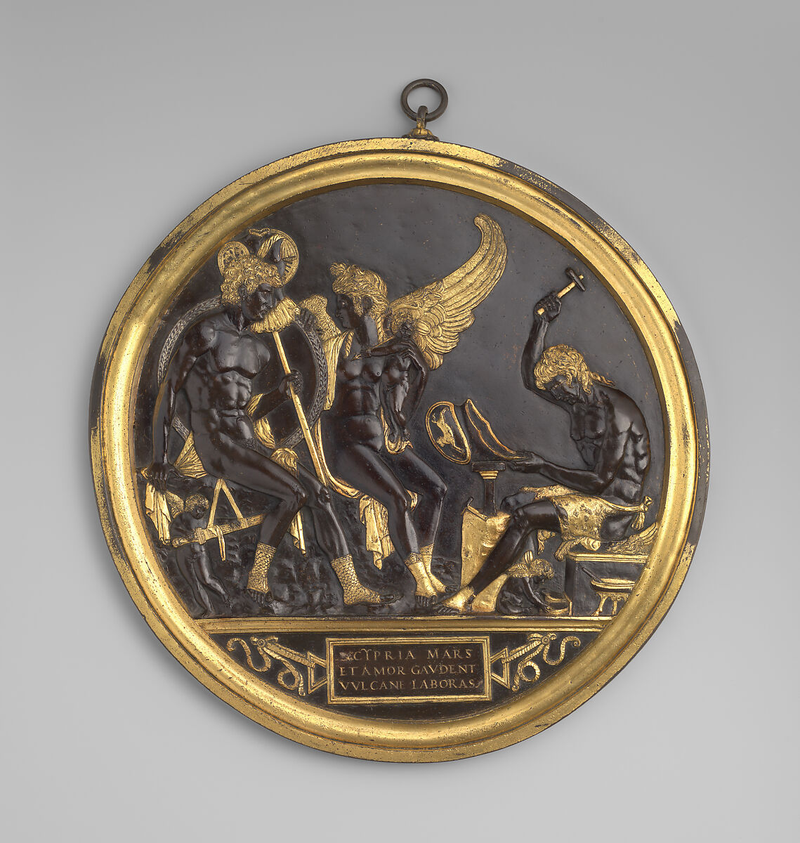 Mars, Venus and Cupid with Vulcan at his forge (the Mantuan Roundel), attributed to Gian Marco Cavalli (Italian, ca. 1454–after 1508, activity documented 1475–1508), Parcel-gilt bronze with silver inlay, integrally cast gilt frame with suspension loop., Italian, Mantua