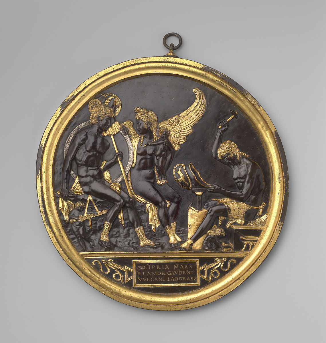 Mars, Venus and Cupid with Vulcan at his forge (the Mantuan Roundel), Gian Marco Cavalli  Italian, Parcel-gilt bronze with silver inlay, integrally cast gilt frame with suspension loop., Italian, Mantua