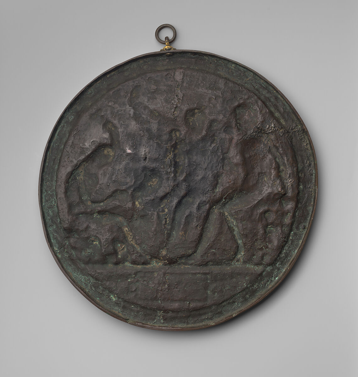 Mars, Venus and Cupid with Vulcan at his forge (the Mantuan Roundel), attributed to Gian Marco Cavalli (Italian, ca. 1454–after 1508, activity documented 1475–1508), Parcel-gilt bronze with silver inlay, integrally cast gilt frame with suspension loop., Italian, Mantua