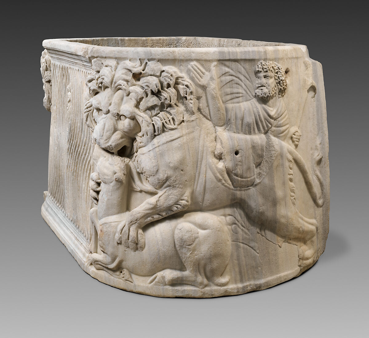 Marble sarcophagus with lions felling antelope, Marble, Roman